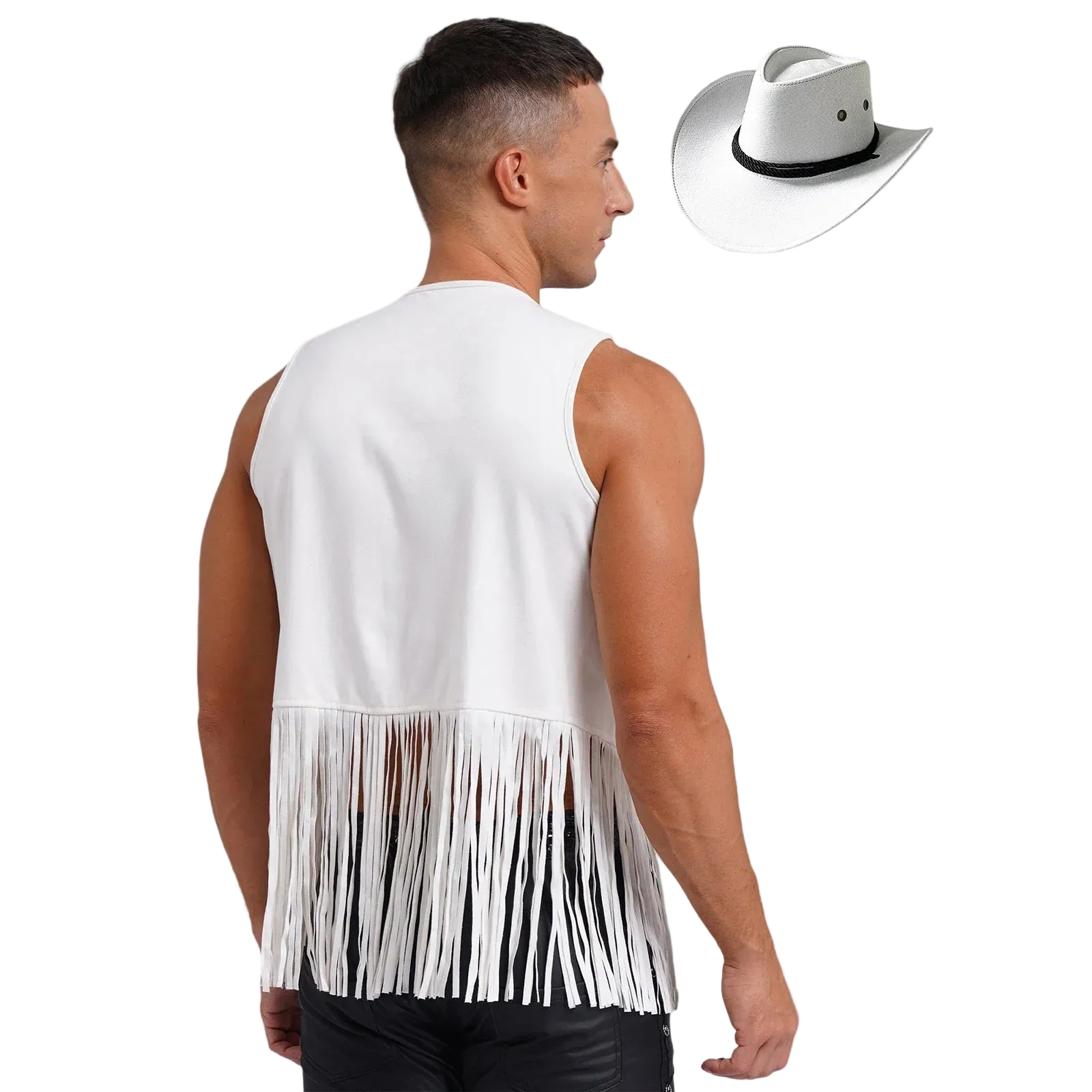 A man shown from the back wearing a white sleeveless fringed vest, with a matching white cowboy hat and white neck scarf displayed to the right on a plain white background.