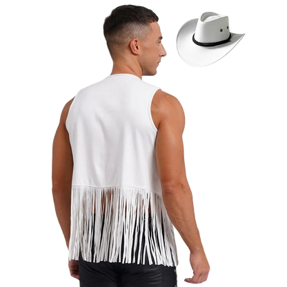 A man shown from the back wearing a white sleeveless fringed vest, with a matching white cowboy hat and white neck scarf displayed to the right on a plain white background.