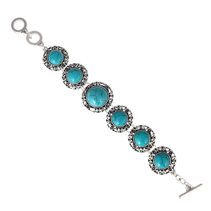 Turquoise stone bracelet with silver accents on a white background