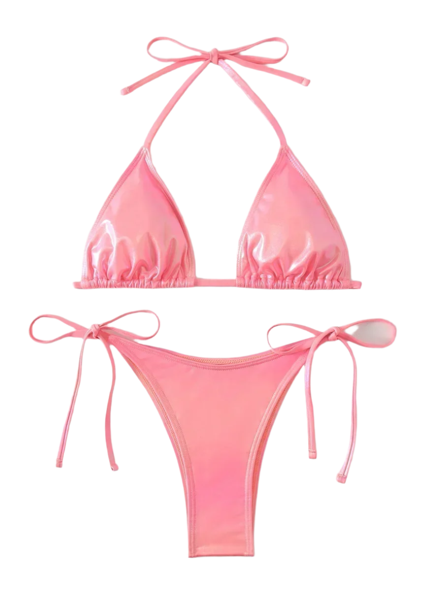 A shiny, iridescent bikini in shades of pink. It features a classic triangle top and tie-side bottoms, creating a vibrant and eye-catching beachwear style.