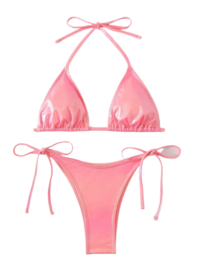 A shiny, iridescent bikini in shades of pink. It features a classic triangle top and tie-side bottoms, creating a vibrant and eye-catching beachwear style.