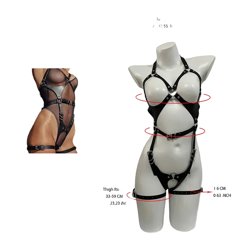 Black leather harness with metal rings and straps shown on a white mannequin torso, with measurement labels and a small inset photo of a model wearing it. The image includes text for under bust range, waist range, thigh range, and width.