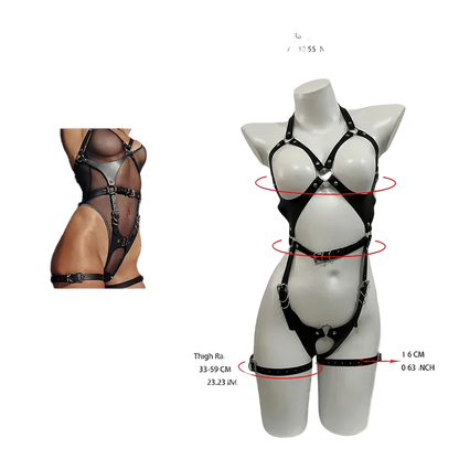 Black leather harness with metal rings and straps shown on a white mannequin torso, with measurement labels and a small inset photo of a model wearing it. The image includes text for under bust range, waist range, thigh range, and width.