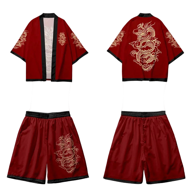 Red traditional outfit with dragon embroidery on a white background