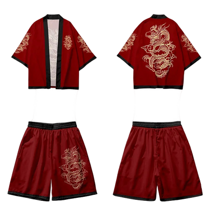 Red traditional outfit with dragon embroidery on a white background