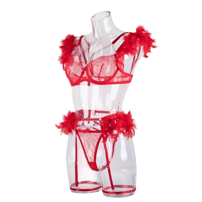 Red lingerie set with feathered details on a mannequin against a white background