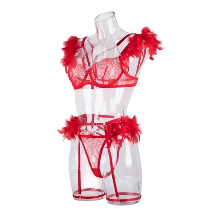 Red lingerie set with feathered details on a mannequin against a white background