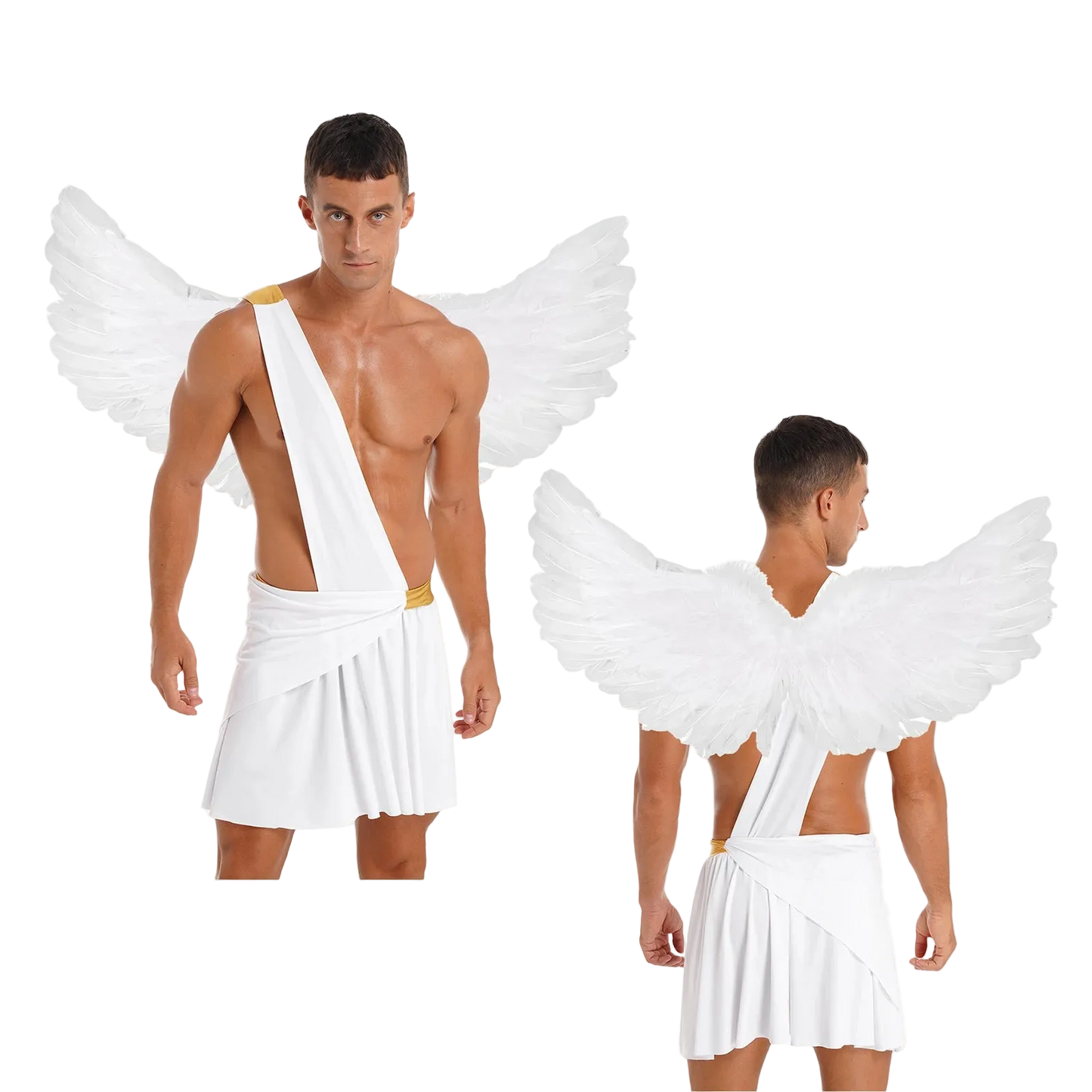 A man modeling a white angel costume with large white feather wings and a draped white toga-style wrap with a small gold accent, shown from both front and back against a plain white background.