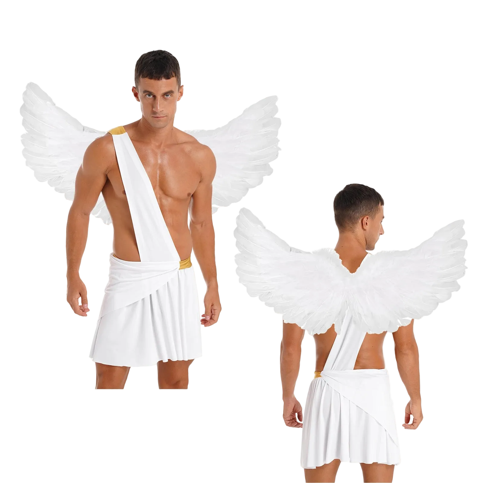 A man modeling a white angel costume with large white feather wings and a draped white toga-style wrap with a small gold accent, shown from both front and back against a plain white background.