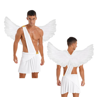 A man modeling a white angel costume with large white feather wings and a draped white toga-style wrap with a small gold accent, shown from both front and back against a plain white background.