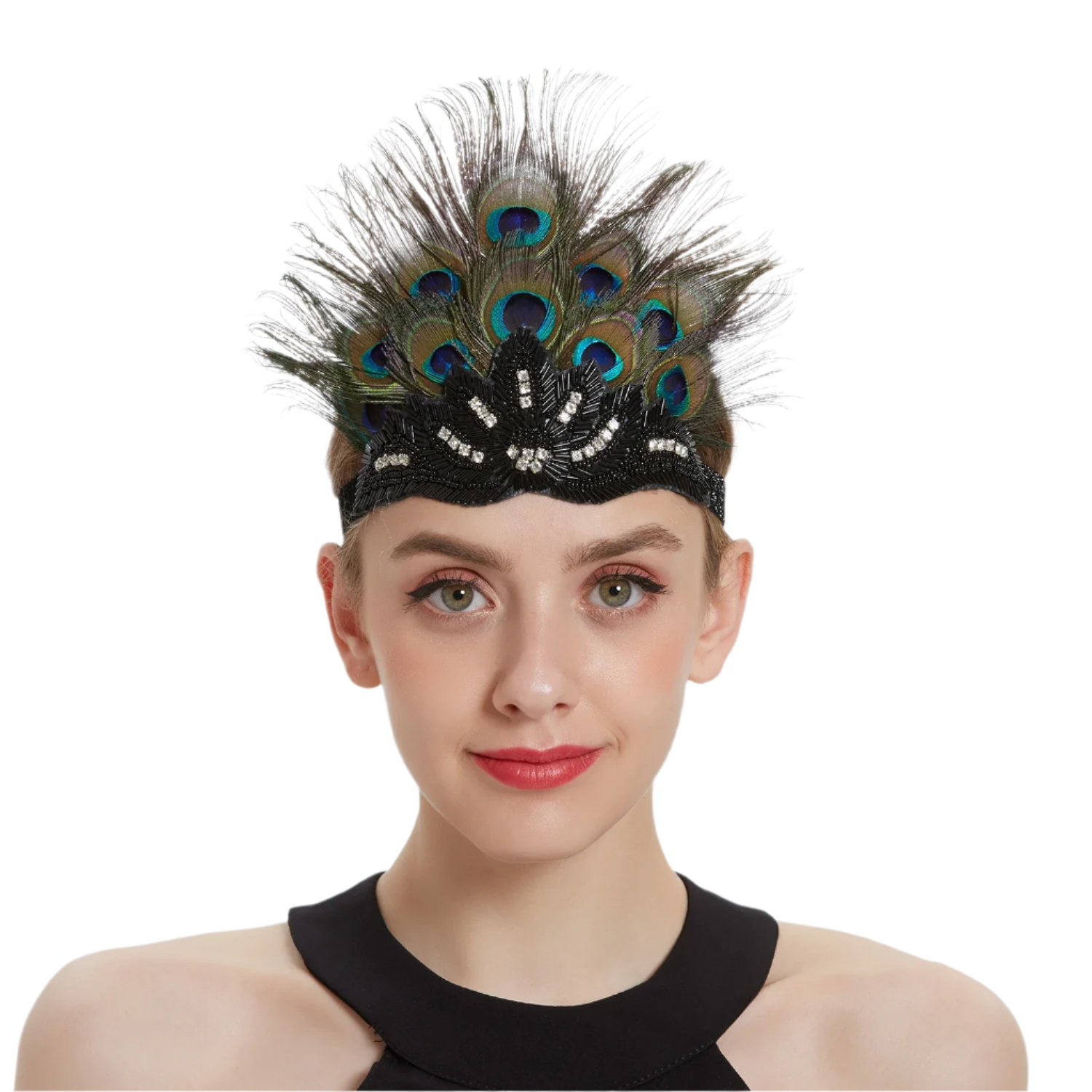 Luxurious peacock feather headband with rhinestones and tassels for exotic Gatsby resort theme nights

