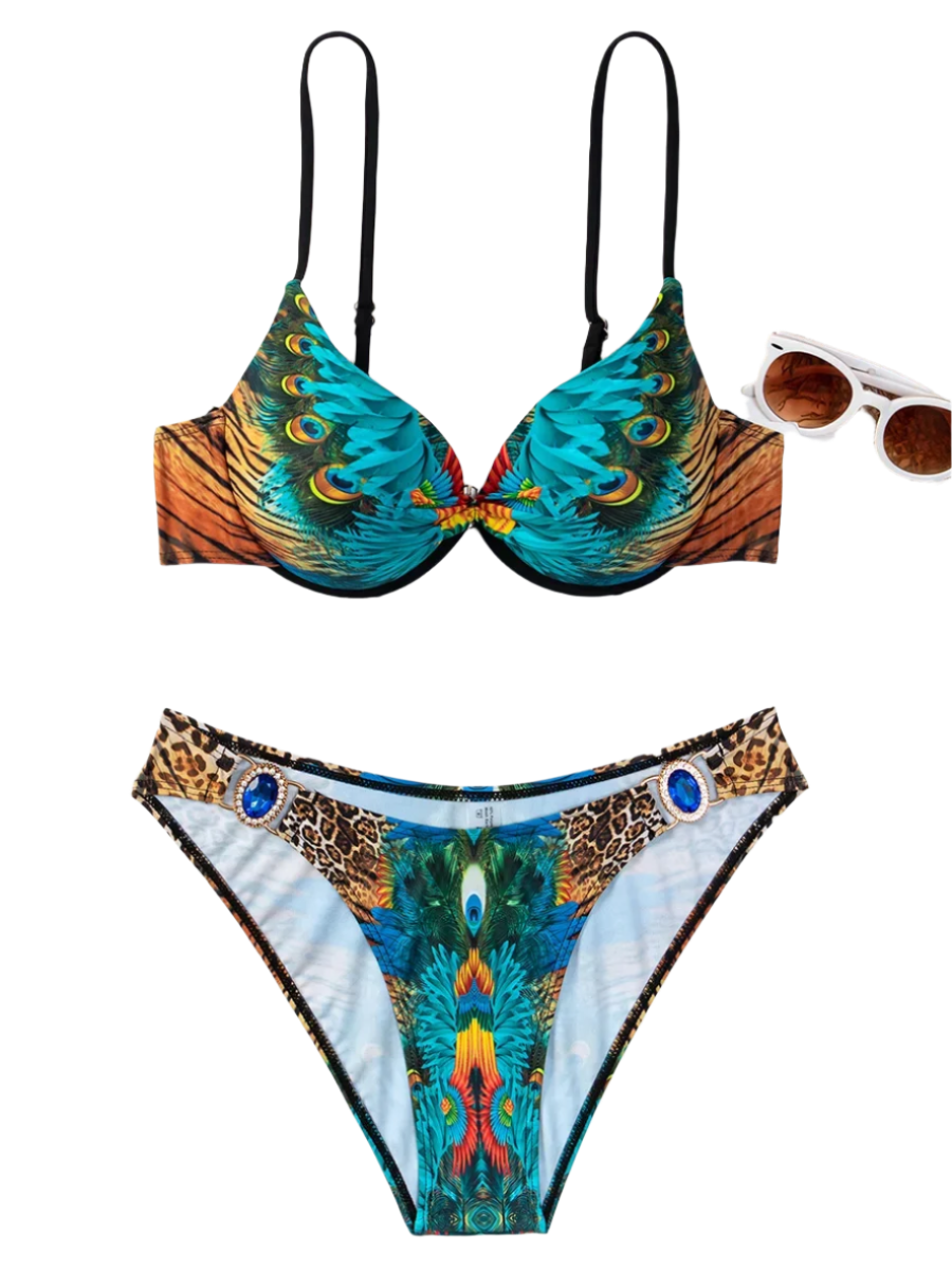 Peacock Leopard Printed Underwired Bra Cup Bikini