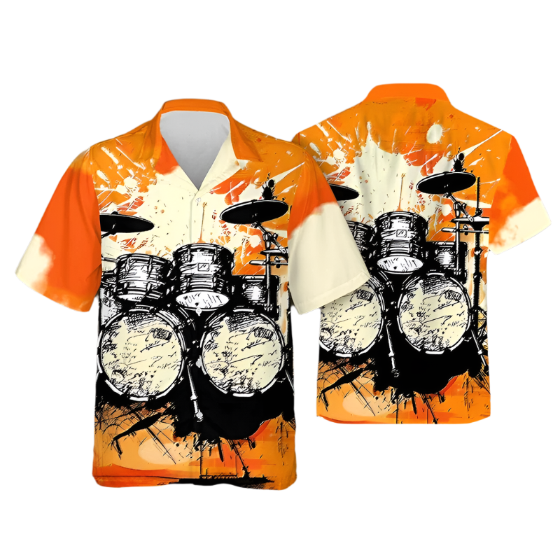 Orange and white shirt with drum set design on a gray background