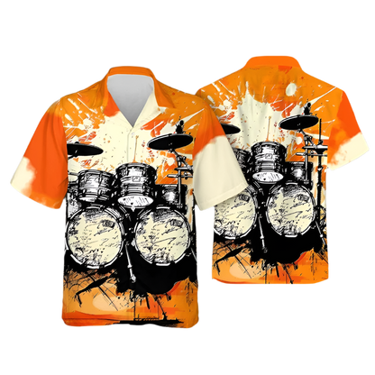 Orange and white shirt with drum set design on a gray background