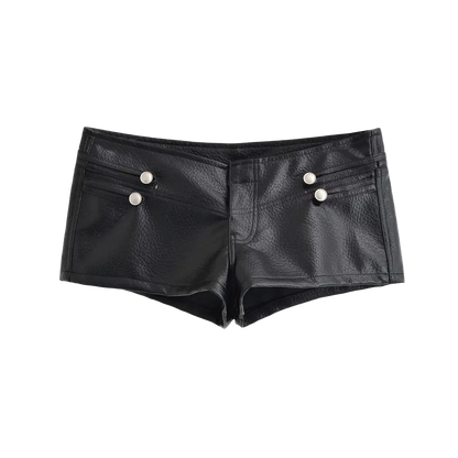 Black faux leather shorts with silver button details on the front pockets, shown flat on a white background.