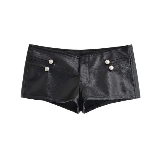 Black faux leather shorts with silver button details on the front pockets, shown flat on a white background.