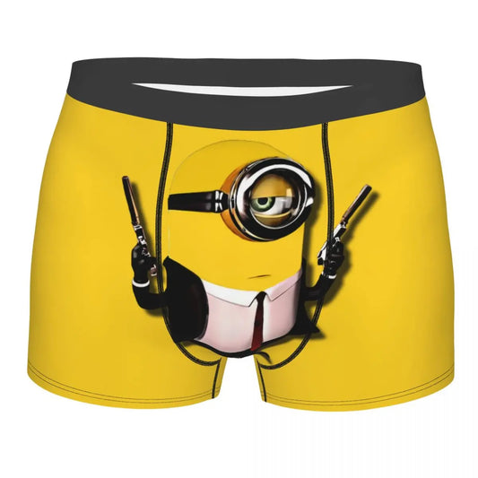 Yellow boxer briefs featuring minions a cartoon character in a suit holding guns.