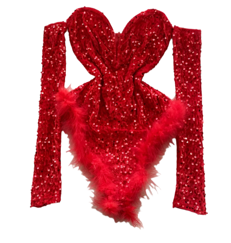 A red sequined bodysuit with long sleeves and feather trim. The design is glamorous and bold, perfect for a standout performance or event.
