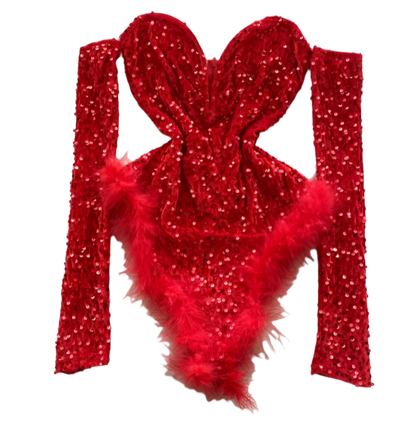 A red sequined bodysuit with long sleeves and feather trim. The design is glamorous and bold, perfect for a standout performance or event.
