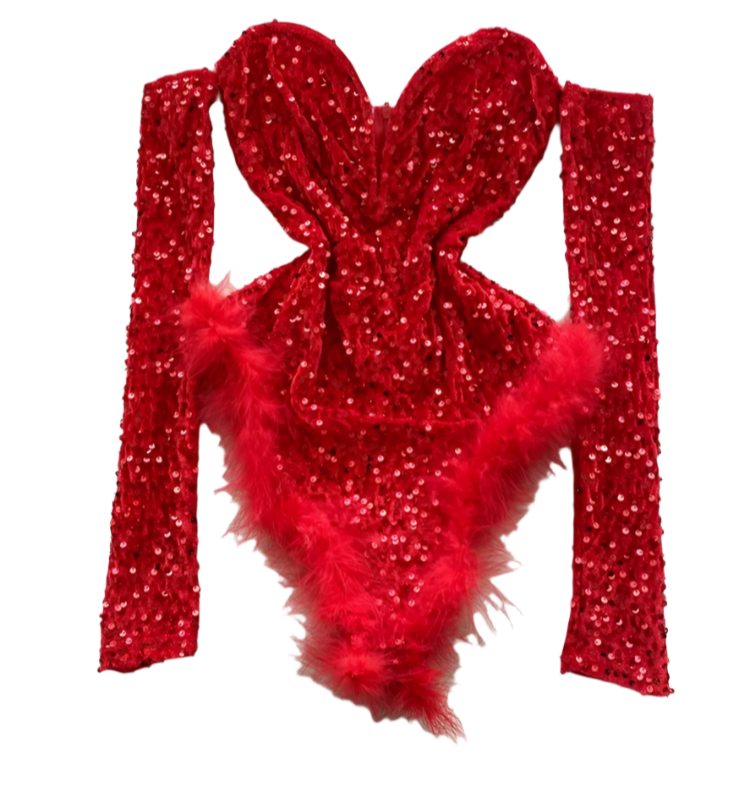 A red sequined bodysuit with long sleeves and feather trim. The design is glamorous and bold, perfect for a standout performance or event.
