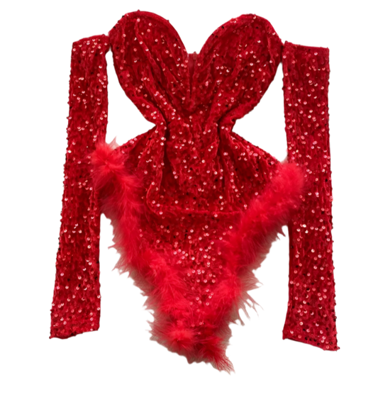 A red sequined bodysuit with long sleeves and feather trim. The design is glamorous and bold, perfect for a standout performance or event.
