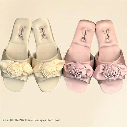 Elegant Rose Satin Women's Slippers Bride Wedding Slipper Wedding Photo Props Bridesmaid Romantic Gifts Summer Shoes Sandals