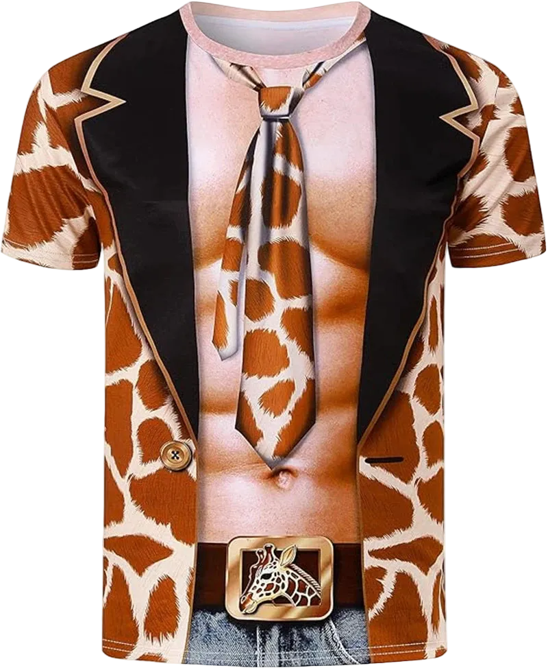 A short-sleeve t-shirt with a 3D giraffe-print blazer and torso print, featuring a matching necktie and belt buckle detail, shown on a plain white background.