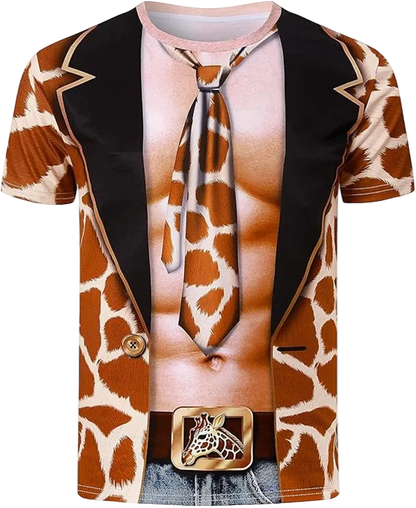 A short-sleeve t-shirt with a 3D giraffe-print blazer and torso print, featuring a matching necktie and belt buckle detail, shown on a plain white background.
