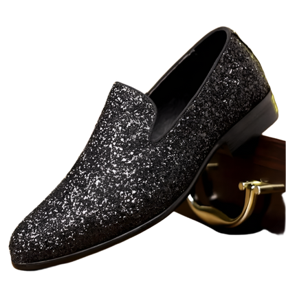 Gold and silver sequin designer loafers with slip-on design for resort formal events

