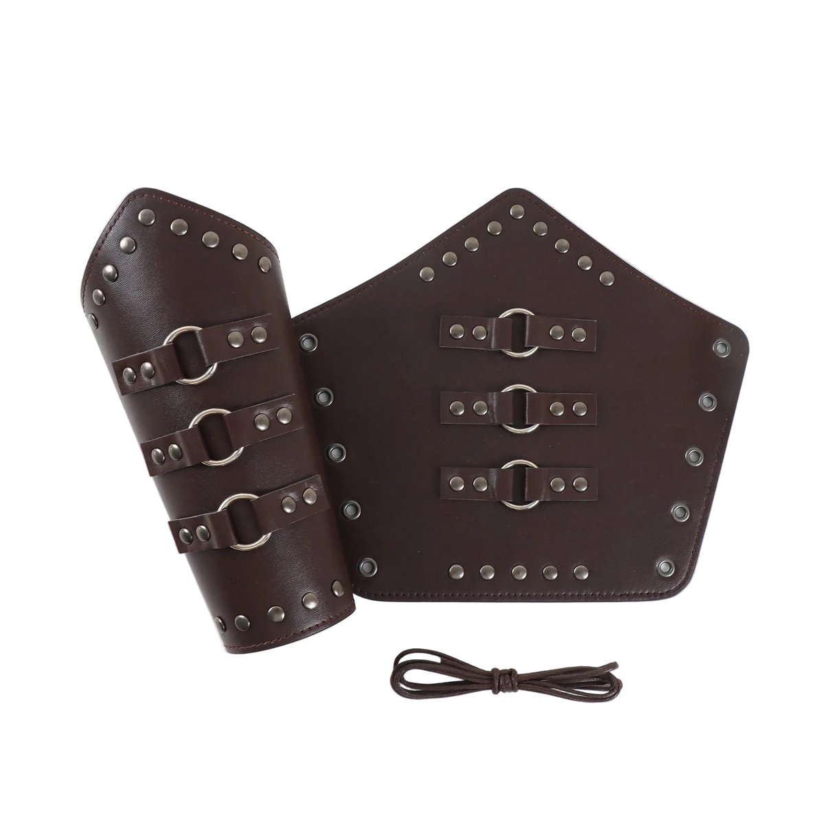 Dark brown faux leather arm and forearm guards with silver metal buckles and studs, shown with a matching coiled strap on a white background.