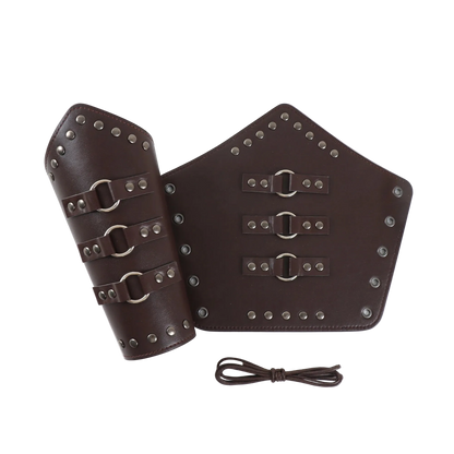 Dark brown faux leather arm and forearm guards with silver metal buckles and studs, shown with a matching coiled strap on a white background.