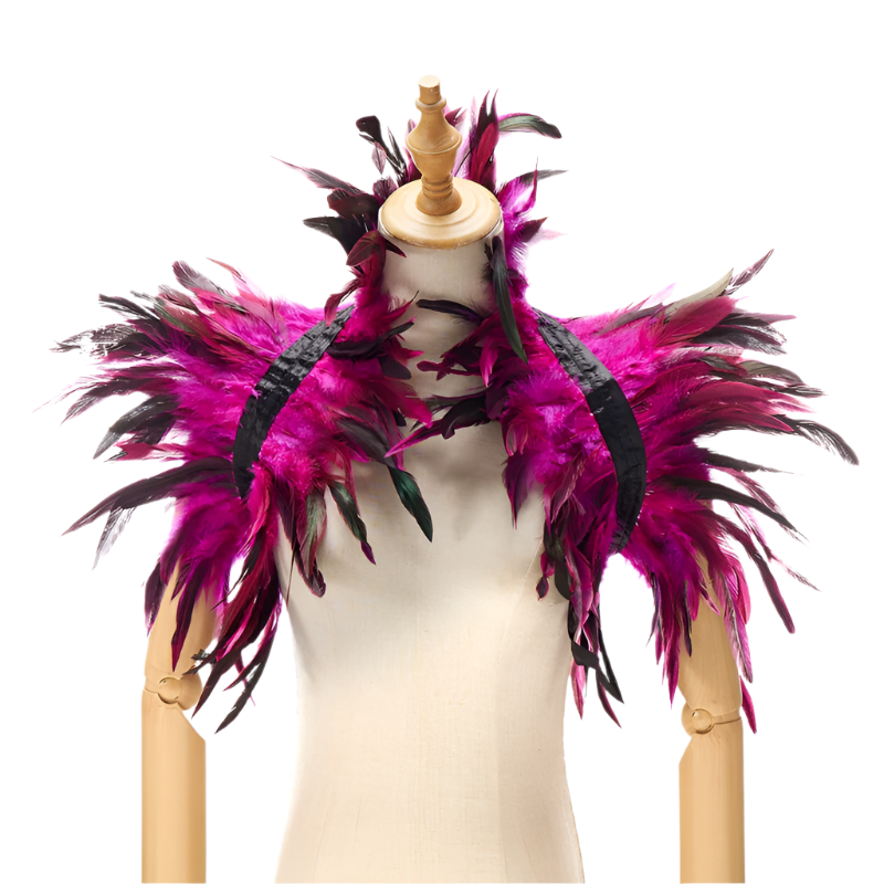  Feather Shoulder Piece: A vibrant feather shoulder piece displayed on a mannequin, with black accents and a striking, textured design.