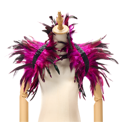  Feather Shoulder Piece: A vibrant feather shoulder piece displayed on a mannequin, with black accents and a striking, textured design.