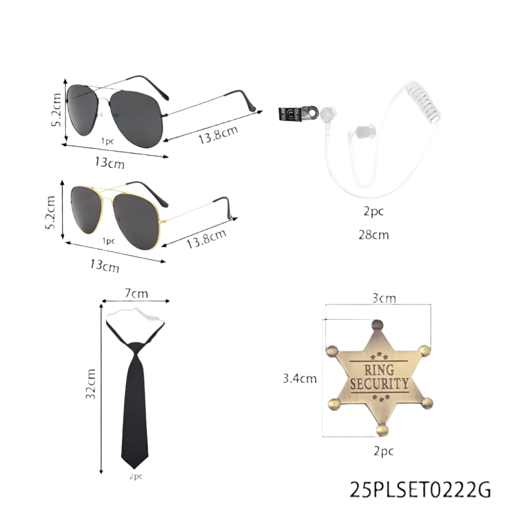 Set of sunglasses, tie, and ring security badge with measurements on a white background
