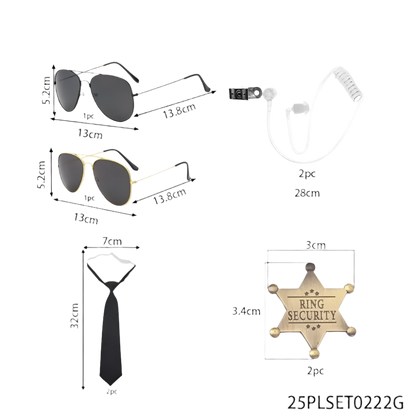 Set of sunglasses, tie, and ring security badge with measurements on a white background