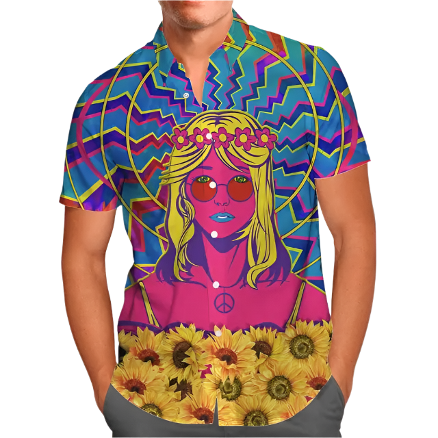hippie girl sunflower 3D Hawaiian shirt in oversized 5XL sizing for inclusive resort summer fashion
