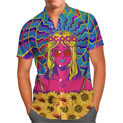 hippie girl sunflower 3D Hawaiian shirt in oversized 5XL sizing for inclusive resort summer fashion