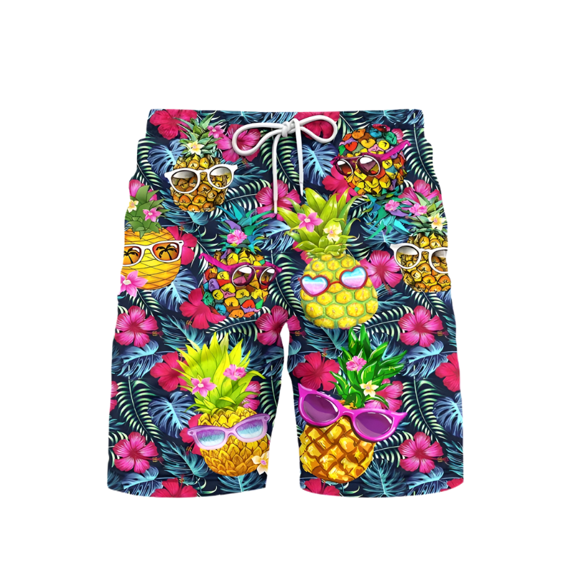 3D Pineapple Print Swim Trunks for luxury adult resorts, featuring vibrant tropical pattern on premium board shorts