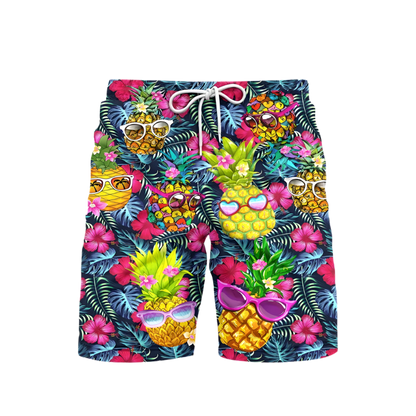 3D Pineapple Print Swim Trunks for luxury adult resorts, featuring vibrant tropical pattern on premium board shorts