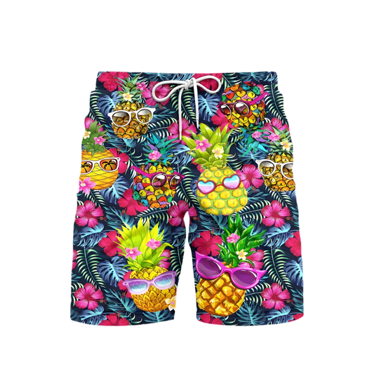 3D Pineapple Print Swim Trunks for luxury adult resorts, featuring vibrant tropical pattern on premium board shorts