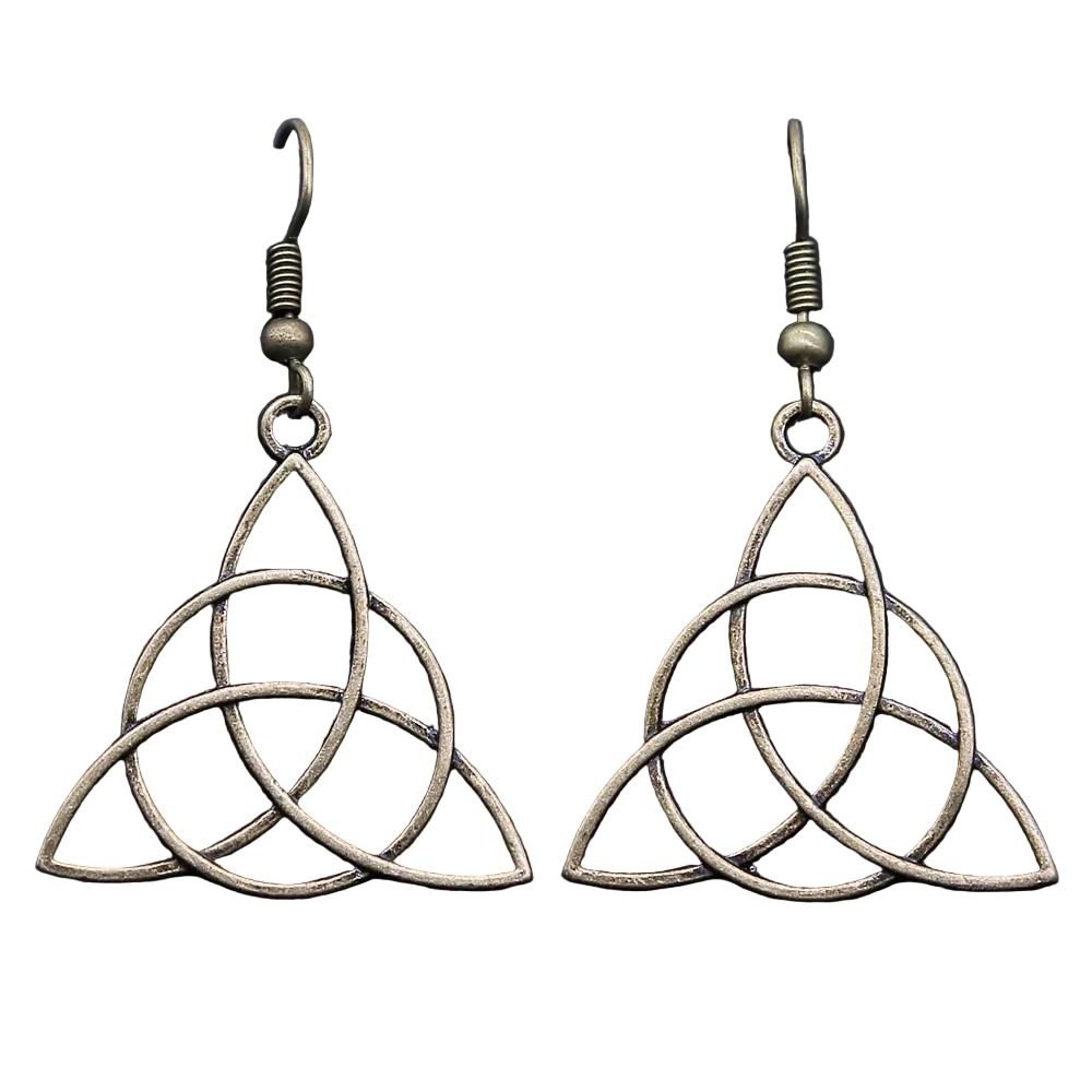 A pair of antique bronze Celtic triquetra dangle earrings with interwoven knot designs and fishhook ear wires, displayed on a dark textured background.
