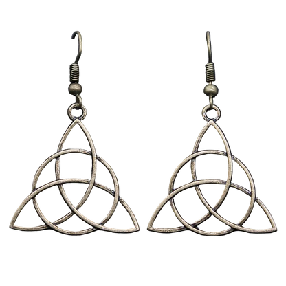 A pair of antique bronze Celtic triquetra dangle earrings with interwoven knot designs and fishhook ear wires, displayed on a dark textured background.
