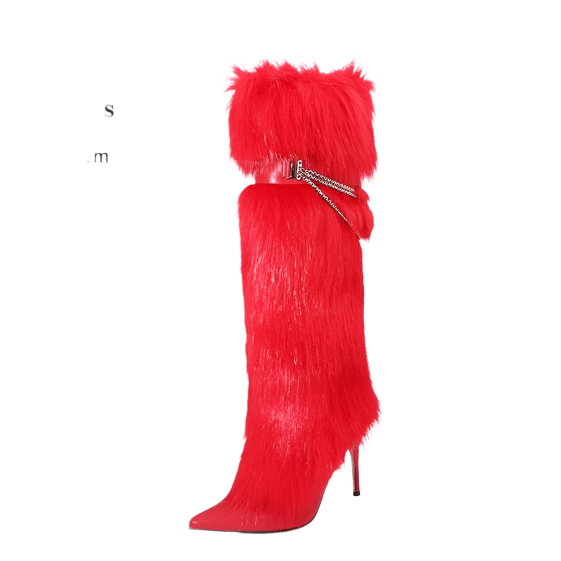 Elegant Knee-Length Fluffy Fur Boots with Stiletto Heel for Resort Evening Wear