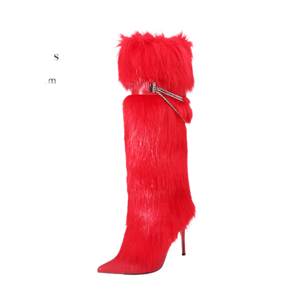 Elegant Knee-Length Fluffy Fur Boots with Stiletto Heel for Resort Evening Wear