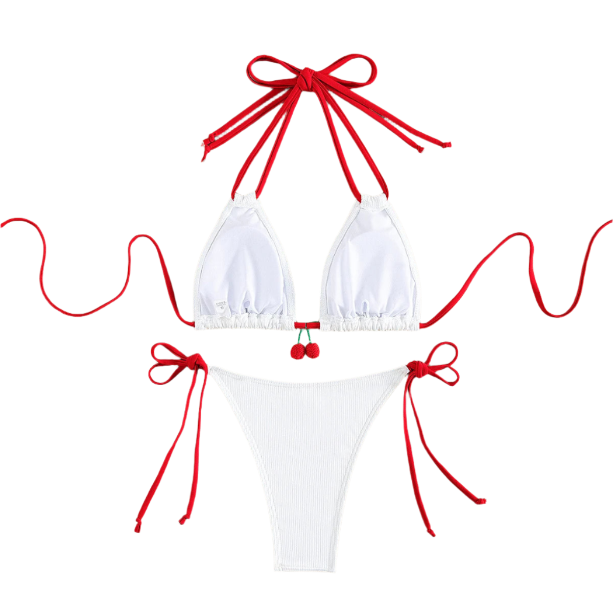 A white bikini with red string ties and cherry embellishments on the top. The design is simple yet charming, with a touch of whimsy.
