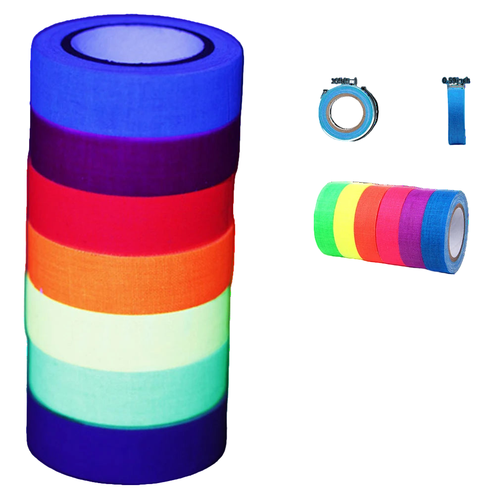 Stack of colorful rolls of self-adhesive tape with a close-up inset showing purple tape.