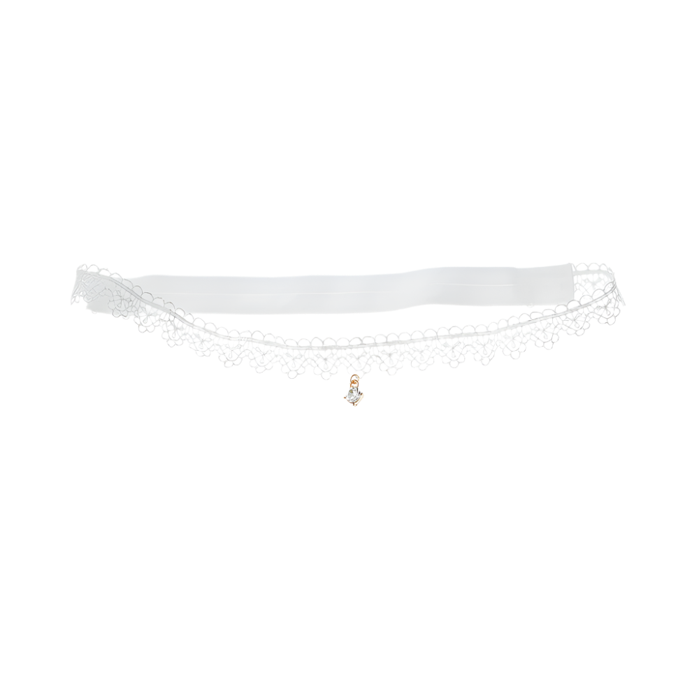 Crystal pendant lace garters with decorative thigh bands in white and black for resort evenings

