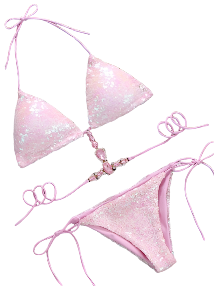 pink sequined bikini featuring a halter-style top. It has sparkling crystal embellishments and a decorative chain detail, adding an elegant and glamorous touch.