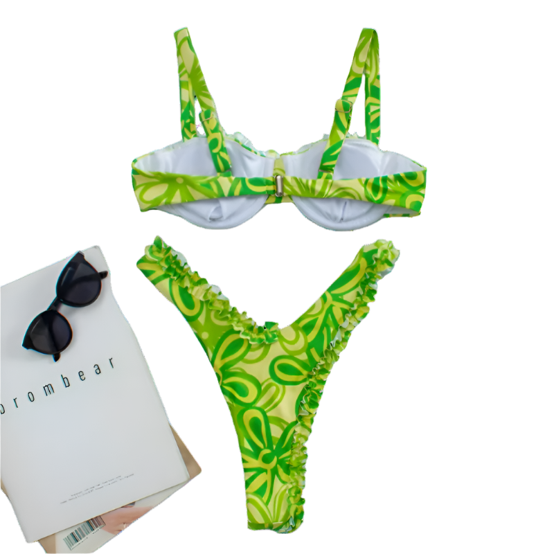 A vibrant bikini set with a green floral pattern and pink ruffle trim. The top has structured cups and adjustable straps, while the bottom features a high-cut design.