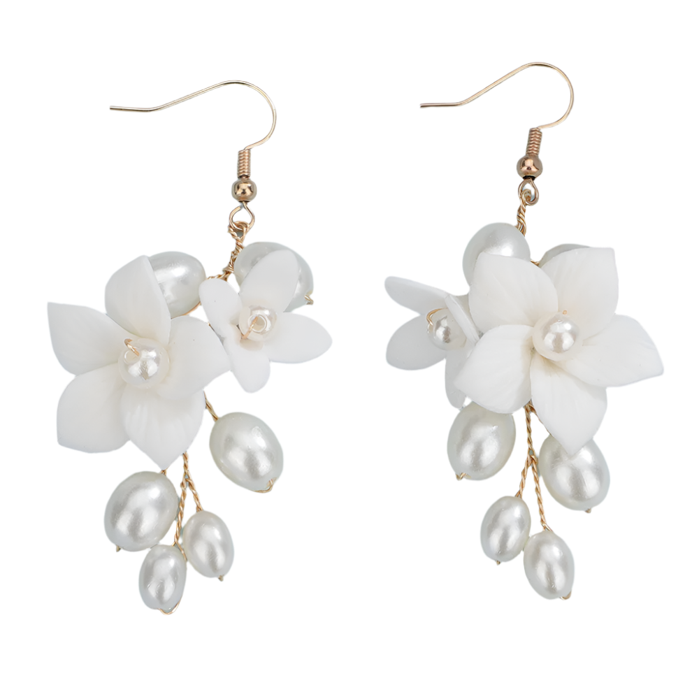 legant rose gold ceramic flower pearl earrings with matching headwear - perfect for resort weddings and romantic occasions